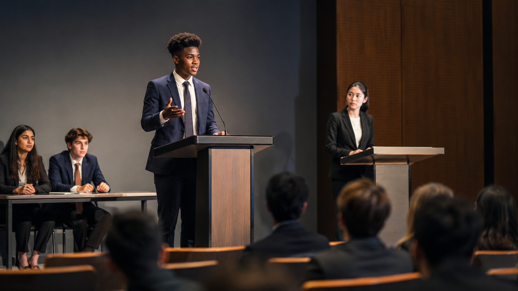 Formal student debate in an auditorium with podiums